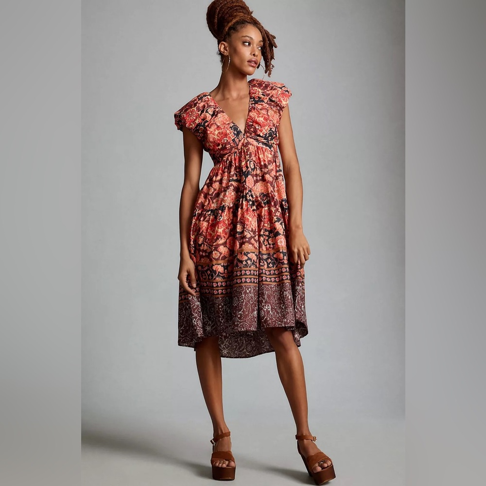 Anthropologie Printed V-Neck Babydoll Dress NWT Size 0 MSRP $170